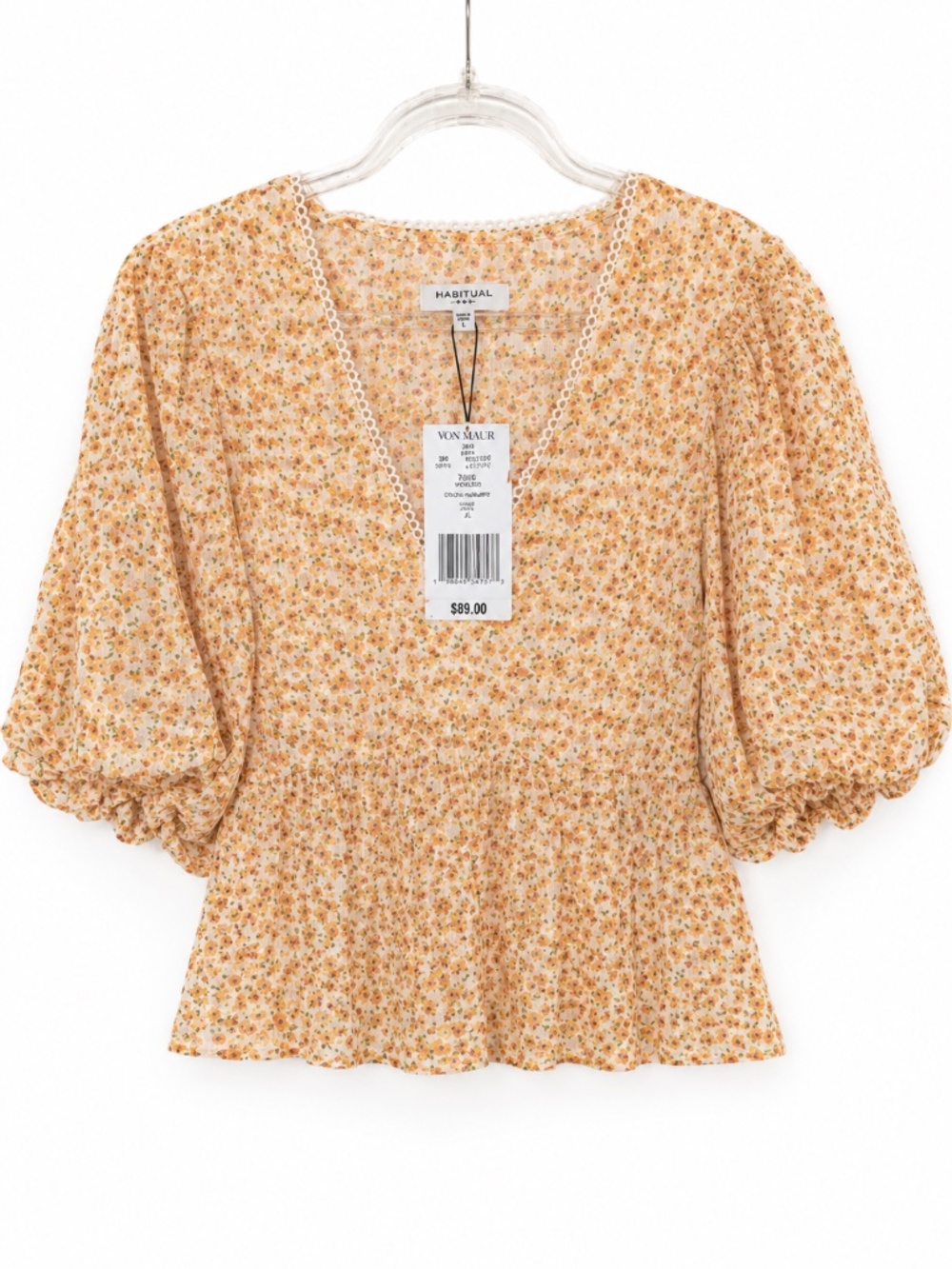 Habitual Floral Puff Sleeve Cotton Peplum Blouse Large NWT